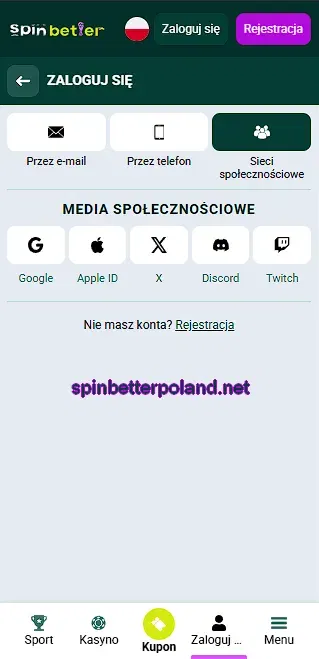 Logowanie przez media społecznościowe w SpinBetter