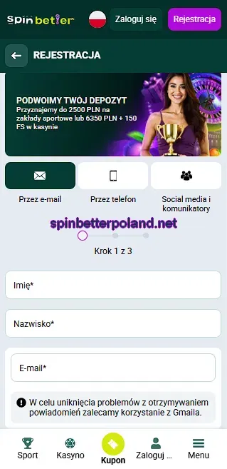 Rejestracja przez e-mail w SpinBetter – krok 1